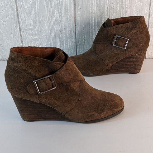 Lucky Brand Sumarah Wedge Ankle Boots Suede Leather Booties SZ 9B EUC - Picture 3 of 8